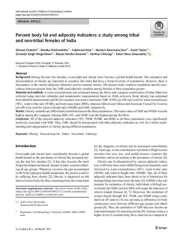 (PDF) Percent body fat and adiposity indicators: a study among tribal ...