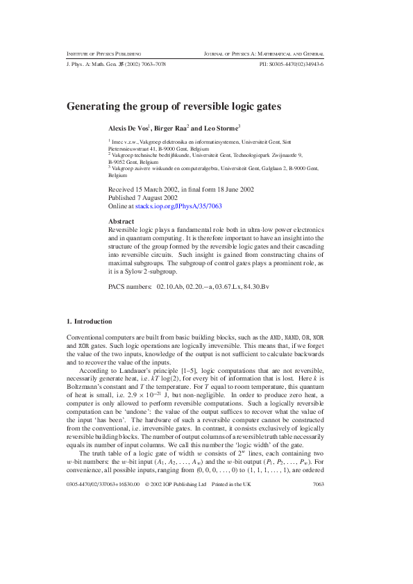 (PDF) Generating the group of reversible logic gates Ba Raa