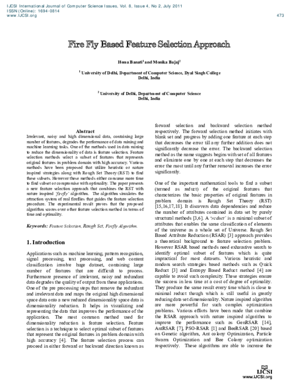 (PDF) Fire Fly Based Feature Selection Approach