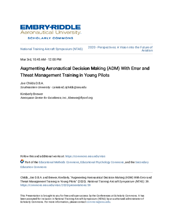 (PDF) Augmenting Aeronautical Decision Making (ADM) With Error and ...
