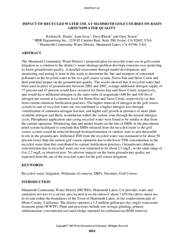 (PDF) Impact of Recycled Water Use at Mammoth Golf Courses on Basin ...