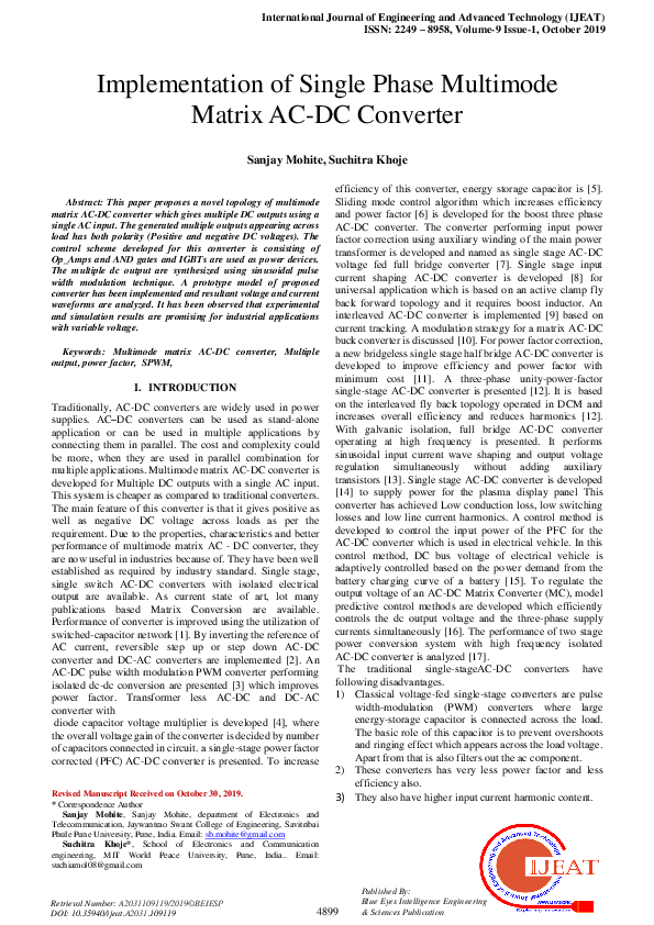 (PDF) Implementation of Single Phase Multimode Matrix AC-DC Converter
