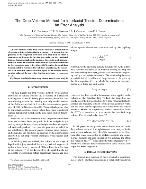 (PDF) The Drop Volume Method for Interfacial Tension Determination An