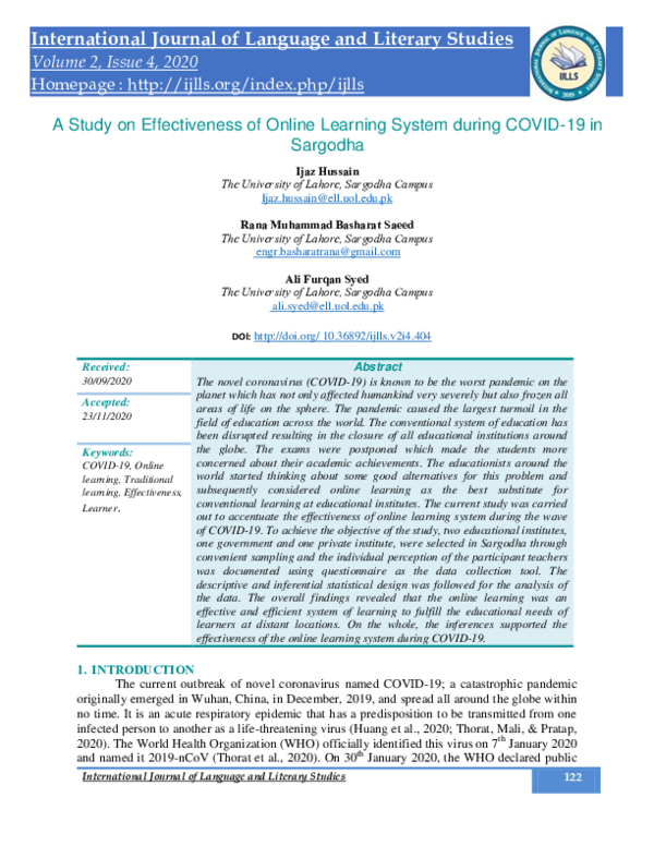 (PDF) A Study on Effectiveness of Online Learning System during COVID ...