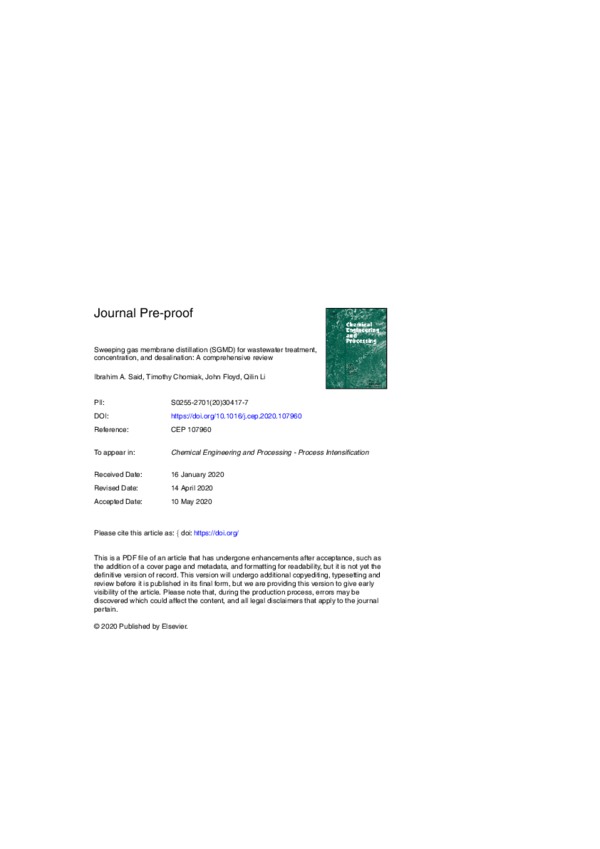 (PDF) Sweeping gas membrane distillation (SGMD) for wastewater