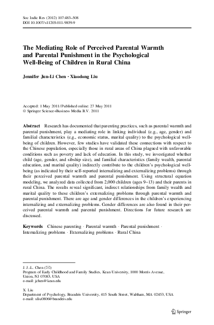 (PDF) The Mediating Role of Perceived Parental Warmth and Parental ...