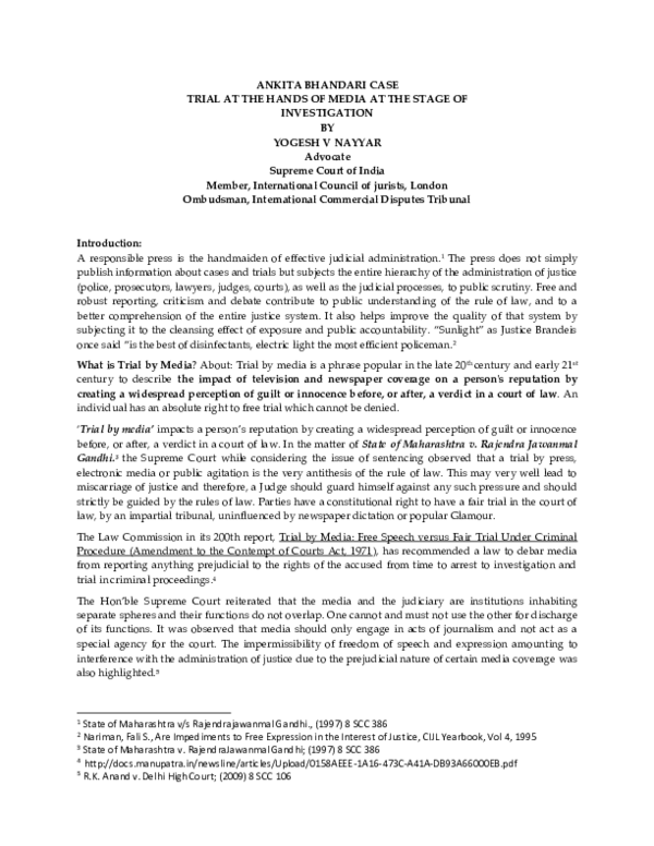 (PDF) ANKITA BHANDARI CASE TRIAL AT THE HANDS OF MEDIA AT THE STAGE OF ...