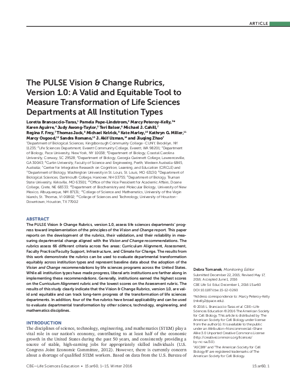 (PDF) The PULSE Vision & Change Rubrics, Version 1.0: A Valid and ...