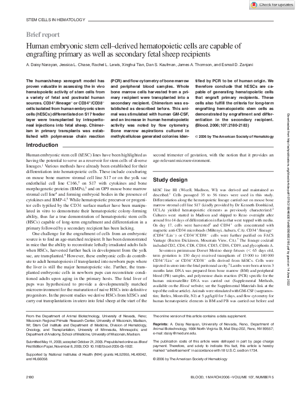 (PDF) Human embryonic stem cell–derived hematopoietic cells are capable ...