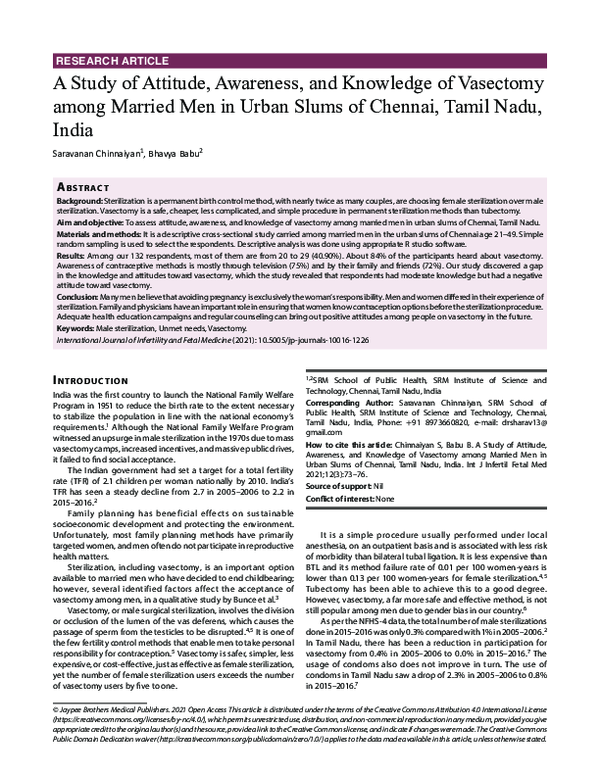 (PDF) A Study of Attitude, Awareness, and Knowledge of Vasectomy among ...