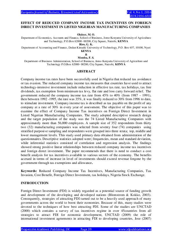 (PDF) Effect Of Reduced Company Income Tax Incentives On Foreign Direct ...