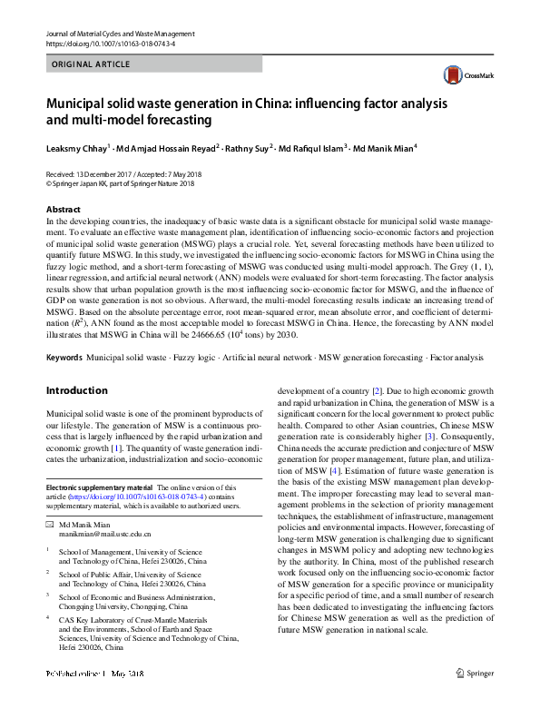 (PDF) Municipal solid waste generation in China: influencing factor ...