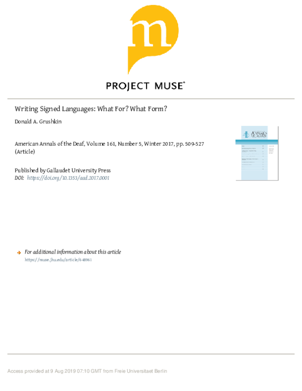 (PDF) Writing Signed Languages: What For? What Form?