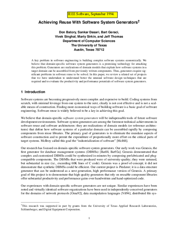 (PDF) Achieving Reuse With Software System Generators
