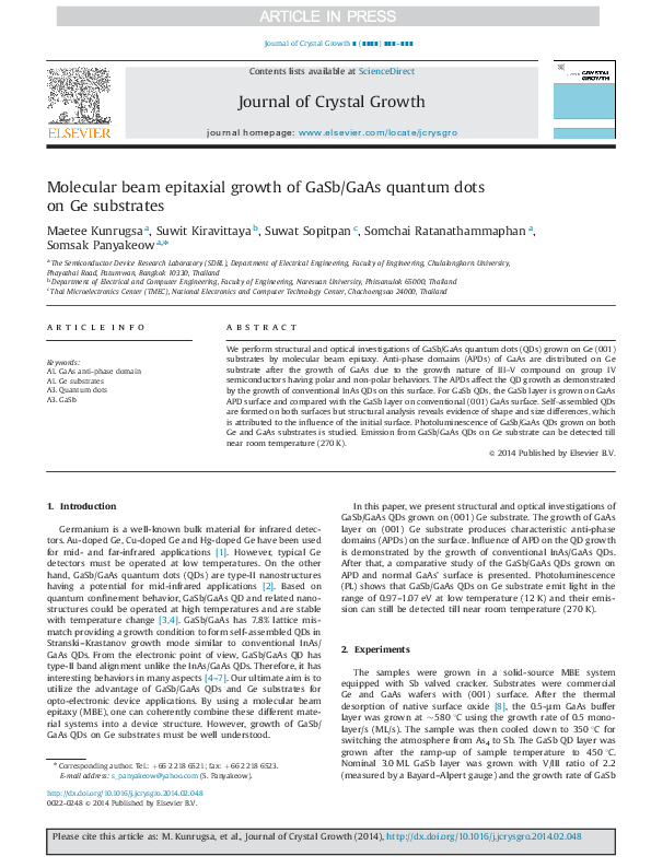 (PDF) Molecular beam epitaxial growth of GaSb/GaAs quantum dots on Ge ...