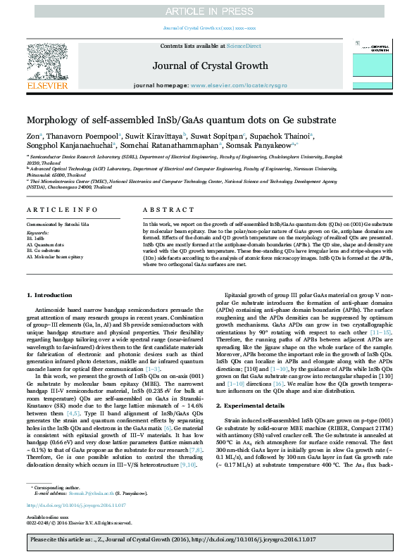 (PDF) Morphology of self-assembled InSb/GaAs quantum dots on Ge substrate
