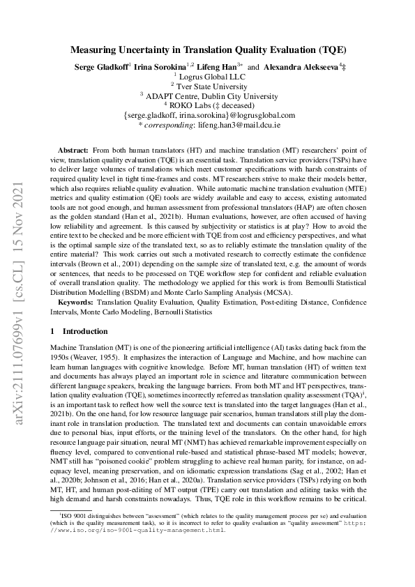 (PDF) Measuring Uncertainty in Translation Quality Evaluation (TQE)