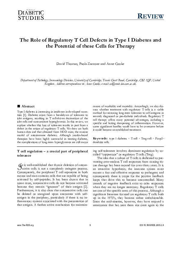 (PDF) The role of regulatory T cell defects in type I diabetes and the ...