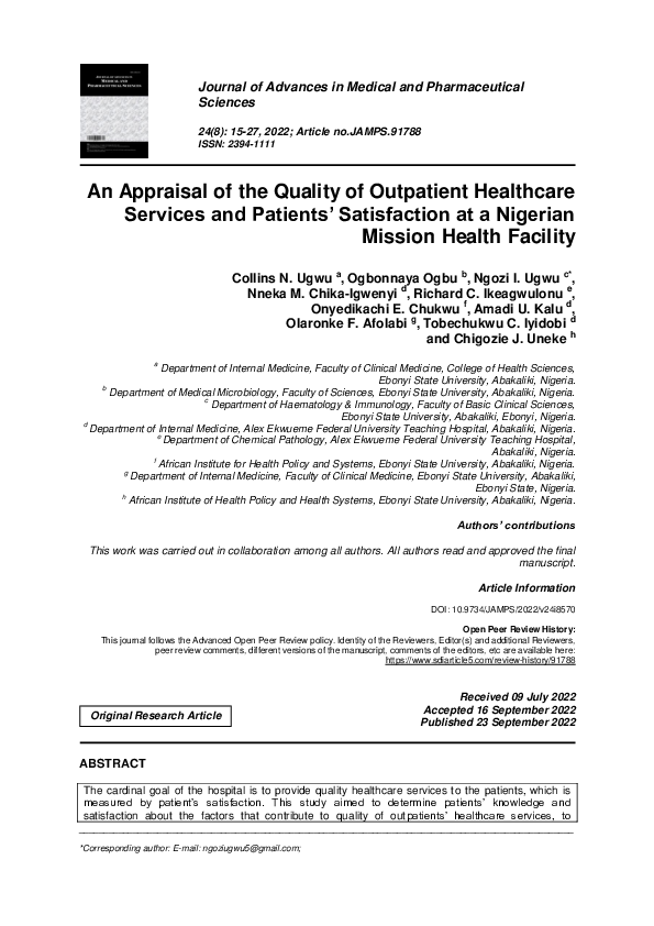 (PDF) An Appraisal of the Quality of Outpatient Healthcare Services and ...