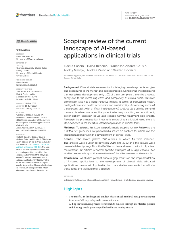 (PDF) Scoping review of the current landscape of AI-based applications ...