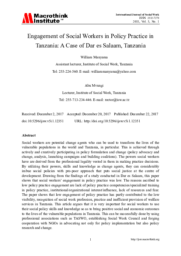 (PDF) Engagement of Social Workers in Policy Practice in Tanzania: A ...