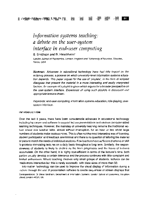 (PDF) Information systems teaching a debate on the usersystem interface in enduser computing