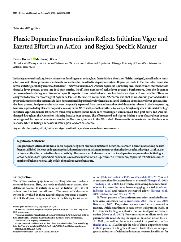 (PDF) Phasic Dopamine Transmission Reflects Initiation Vigor and ...