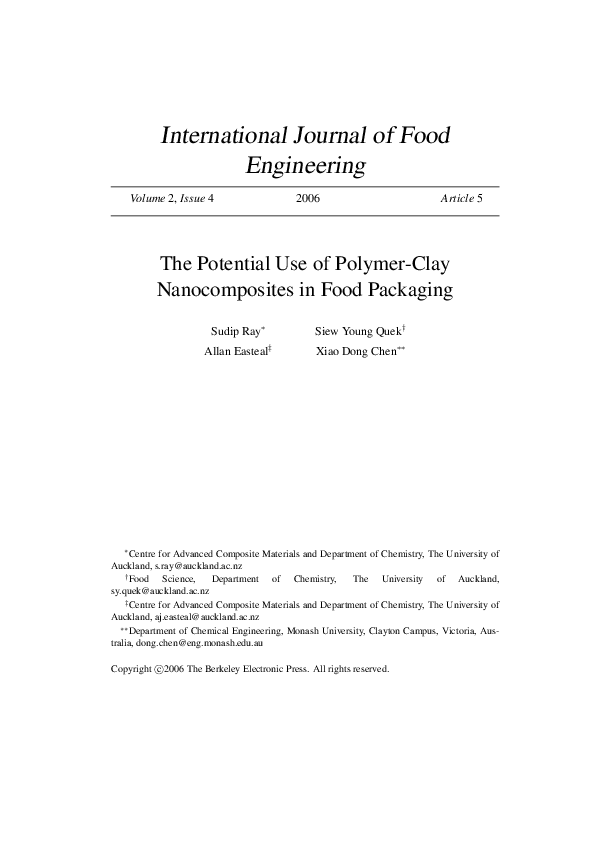 (PDF) The Potential Use of Polymer-Clay Nanocomposites in Food Packaging
