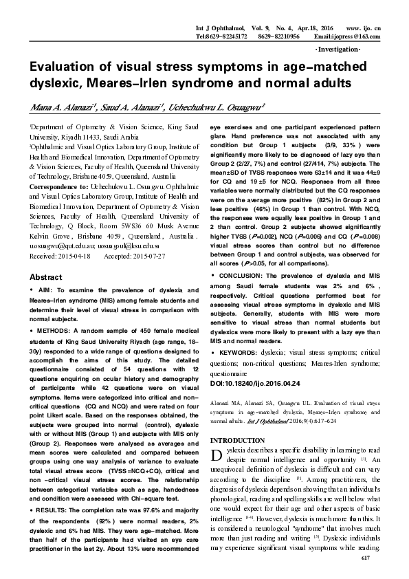(PDF) Evaluation of visual stress symptoms in age-matched dyslexic ...
