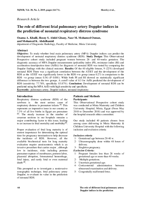 (PDF) The role of different fetal pulmonary artery Doppler indices in ...