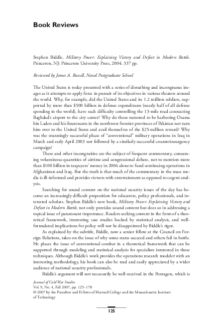 (PDF) Stephen Biddle, Military Power: Explaining Victory and Defeat in ...