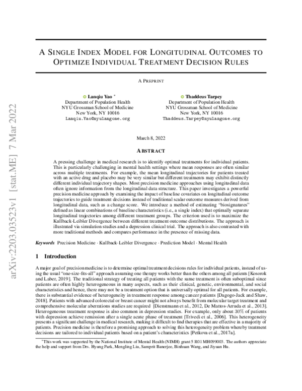(PDF) A Single Index Model for Longitudinal Outcomes to Optimize ...