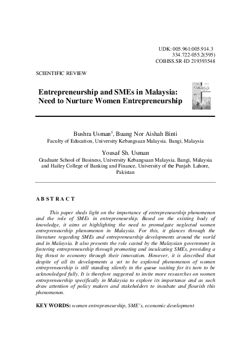 (PDF) Entrepreneurship and SMEs in Malaysia: Need to Nurture Women ...