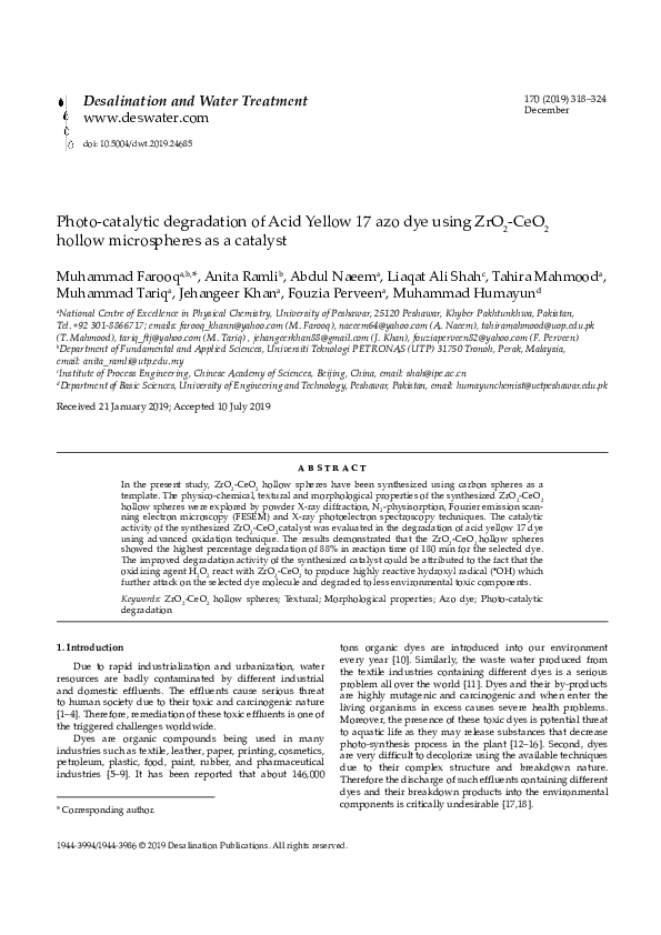 (PDF) Photo-catalytic degradation of Acid Yellow 17 azo dye using ZrO2 ...
