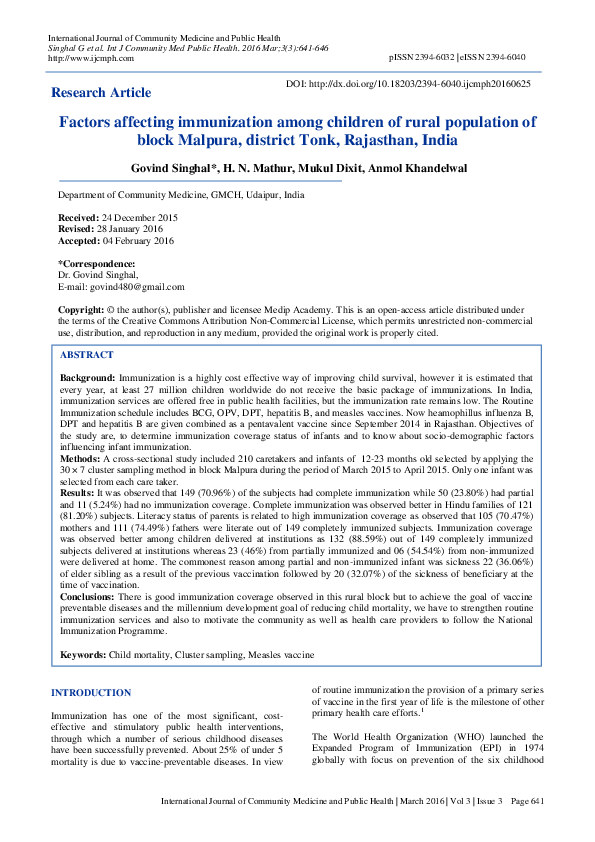 (PDF) Factors affecting immunization among children of rural population ...