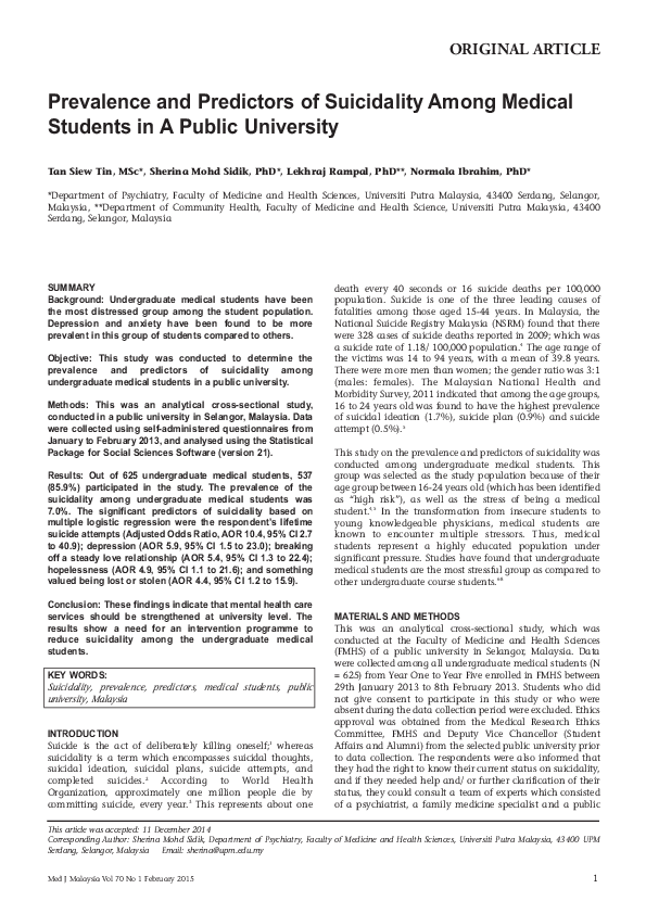 (PDF) Prevalence and predictors of suicidality among medical students ...