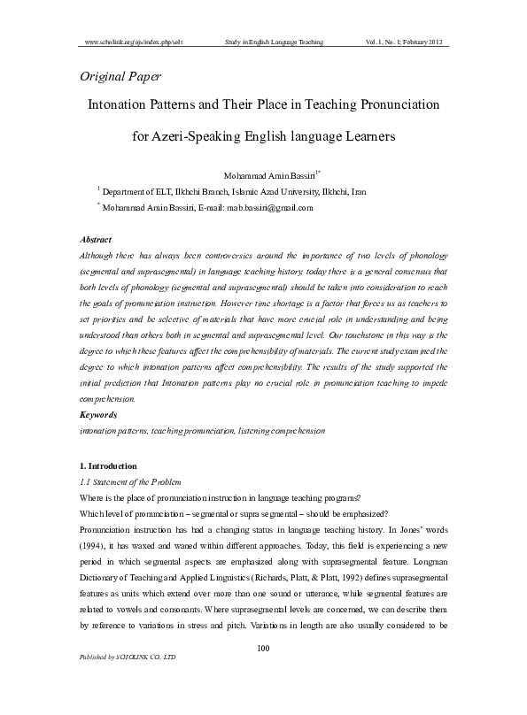 (PDF) Intonation Patterns and Their Place in Teaching Pronunciation for ...