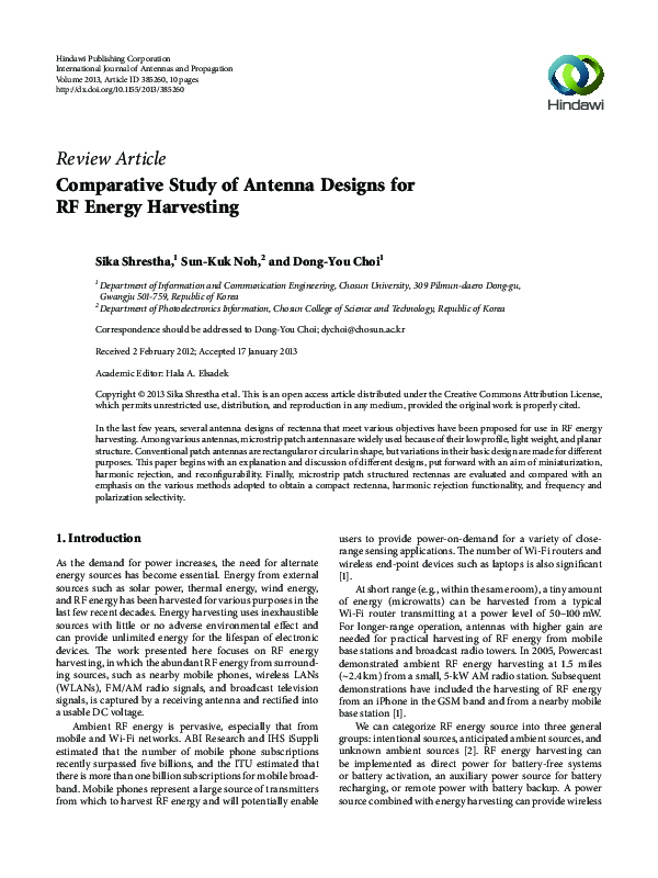 (PDF) Comparative Study of Antenna Designs for RF Energy Harvesting