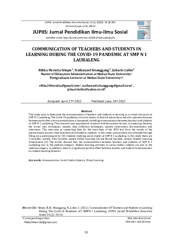 (PDF) Communication of Teachers and Students in Learning During the ...