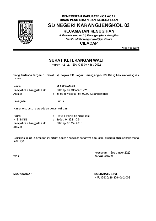 (XLS) Surat Keterangan Wali | muhamad syaban subekti - Academia.edu