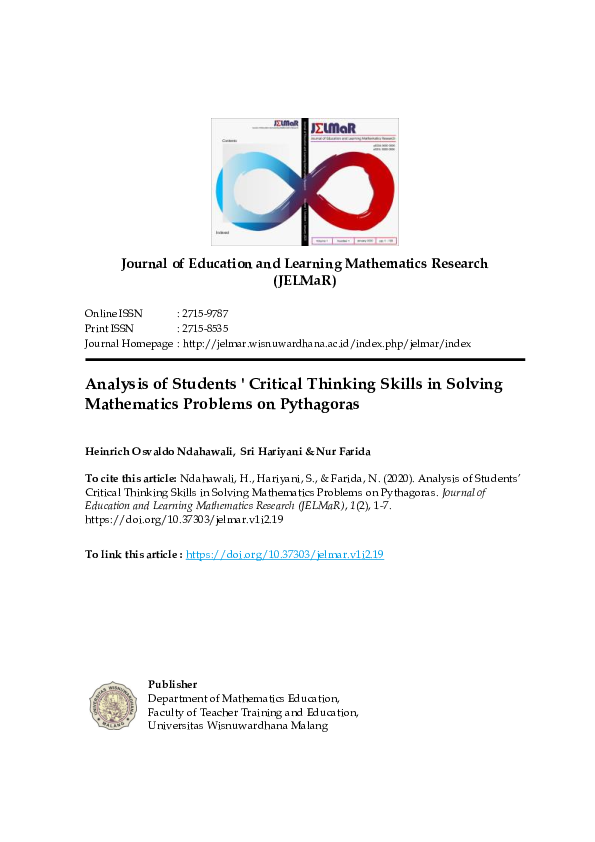 (PDF) Analysis of Students' Critical Thinking Skills in Solving ...