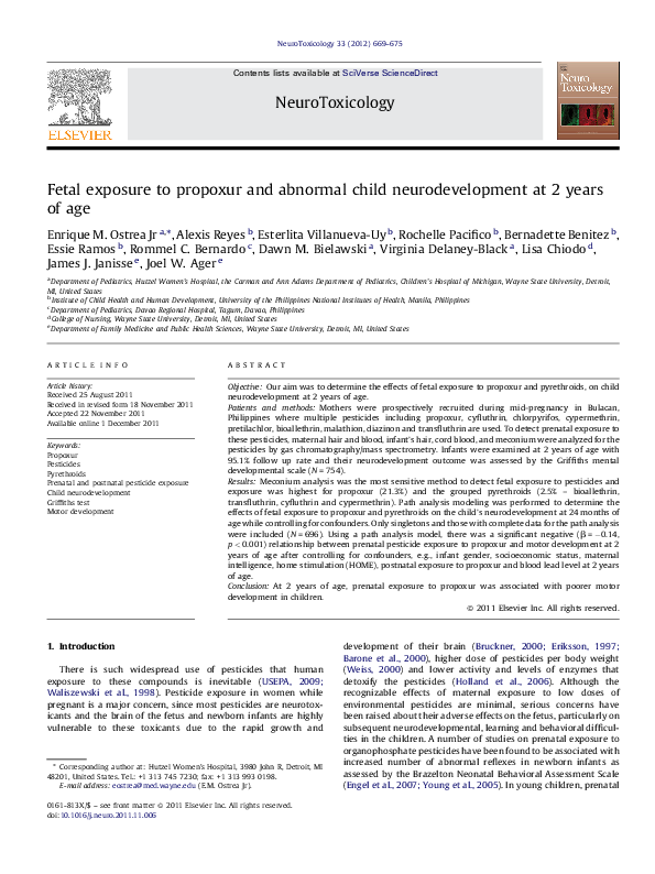 (PDF) Fetal exposure to propoxur and abnormal child neurodevelopment at ...