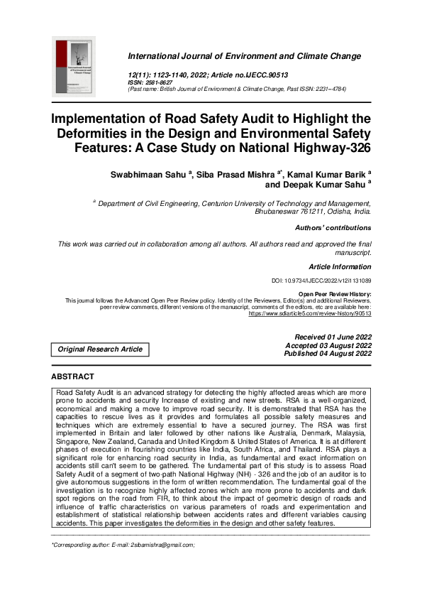 (PDF) Implementation of Road Safety Audit to Highlight the Deformities in the Design and