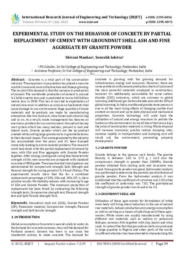 (PDF) EXPERIMENTAL STUDY ON THE BEHAVIOR OF CONCRETE BY PARTIAL ...