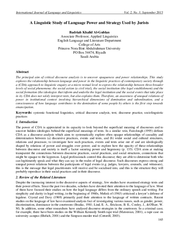 (PDF) A Linguistic Study of Language Power and Strategy Used by Jurists