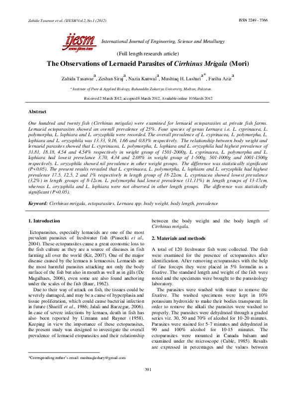 (PDF) The Observations of Lernaeid Parasites of Cirrhinus Mrigala (Mori)