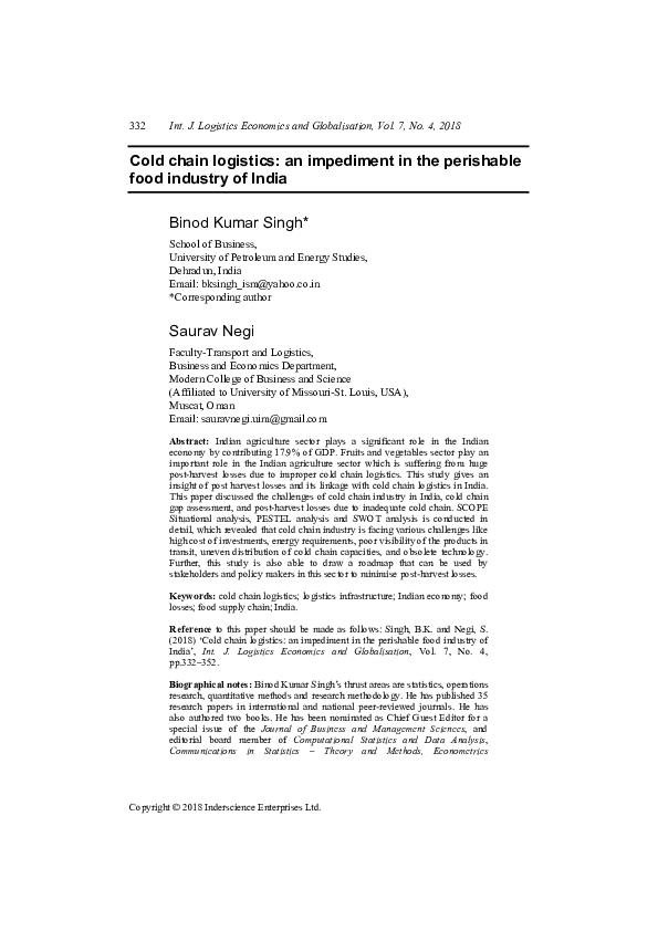 (PDF) Cold chain logistics: an impediment in the perishable food ...