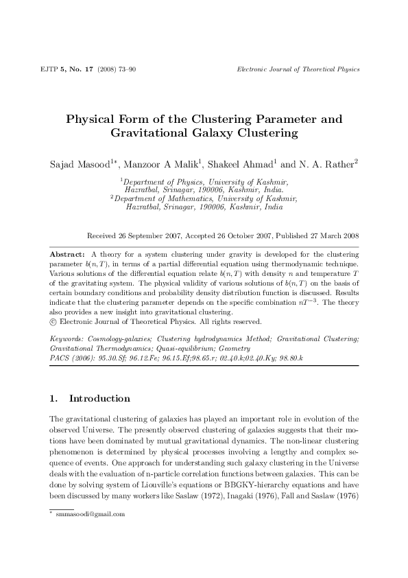 (PDF) Physical Form of the Clustering Parameter and Gravitational ...