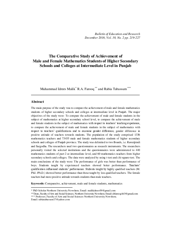 (PDF) The Comparative Study of Achievement of Male and Female ...