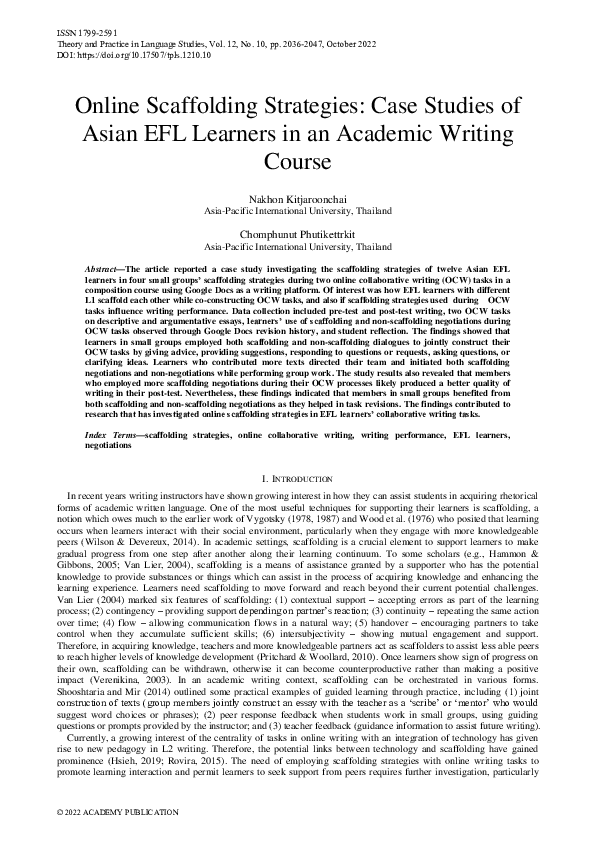(PDF) Online Scaffolding Strategies: Case Studies of Asian EFL Learners ...